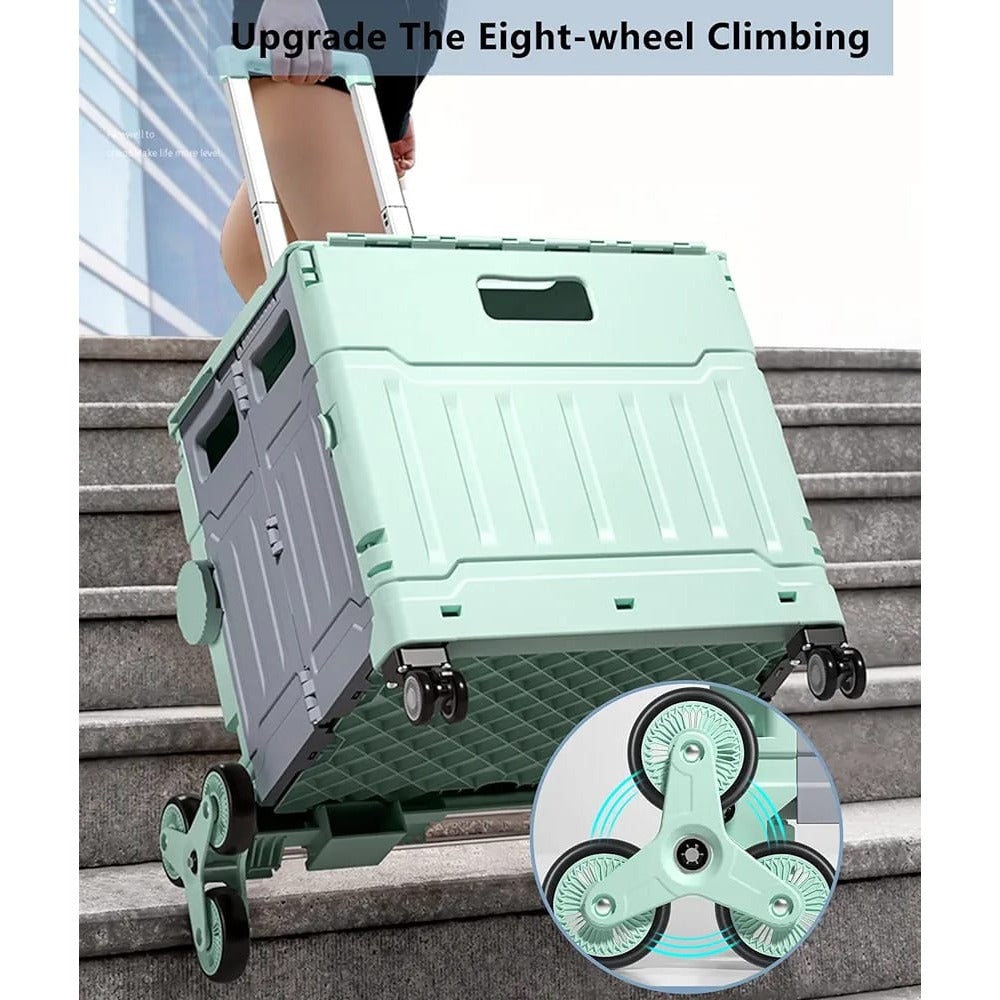 A Green color Folding Shopping Cart being rolled in a stair case 