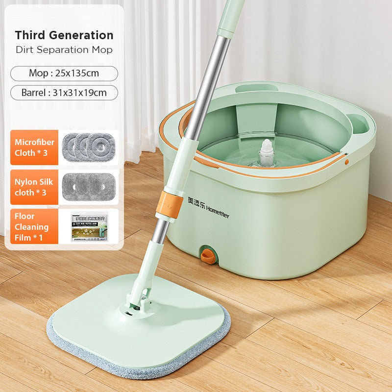 Showcasing Green color Spin Mop and Bucket which is placed on a wooden floor by mentioning its features
