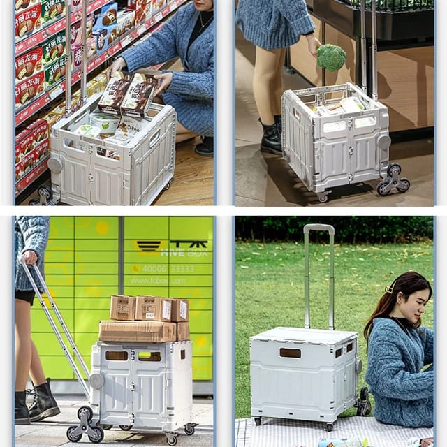 Collage image displaying Folding Shopping Cart used in various occasions in different locations 