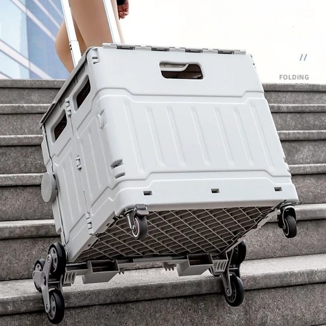 A White color Folding Shopping Cart being rolled in a stair case 