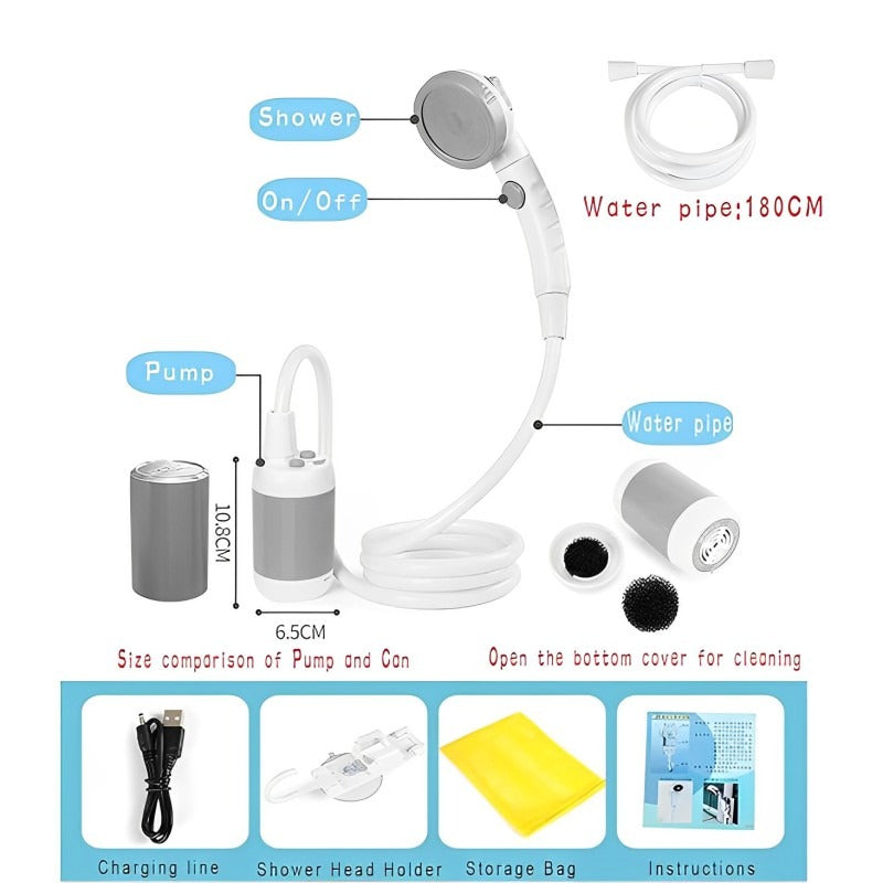 Showcasing Portable Outdoor Shower Set with its size and the accessories comes along with its package 