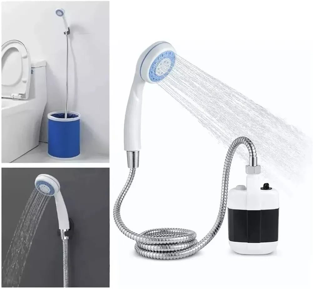 Collage image showcasing Electric Camping Shower Pump 