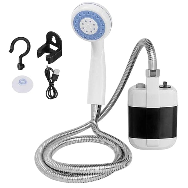 Showcasing Electric Camping Shower Pump with its accessories 