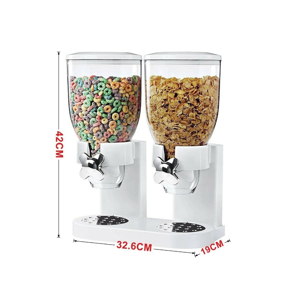 Showcasing and displaying the size of Snack and Cereal Dispenser filled with corn flakes and snacks