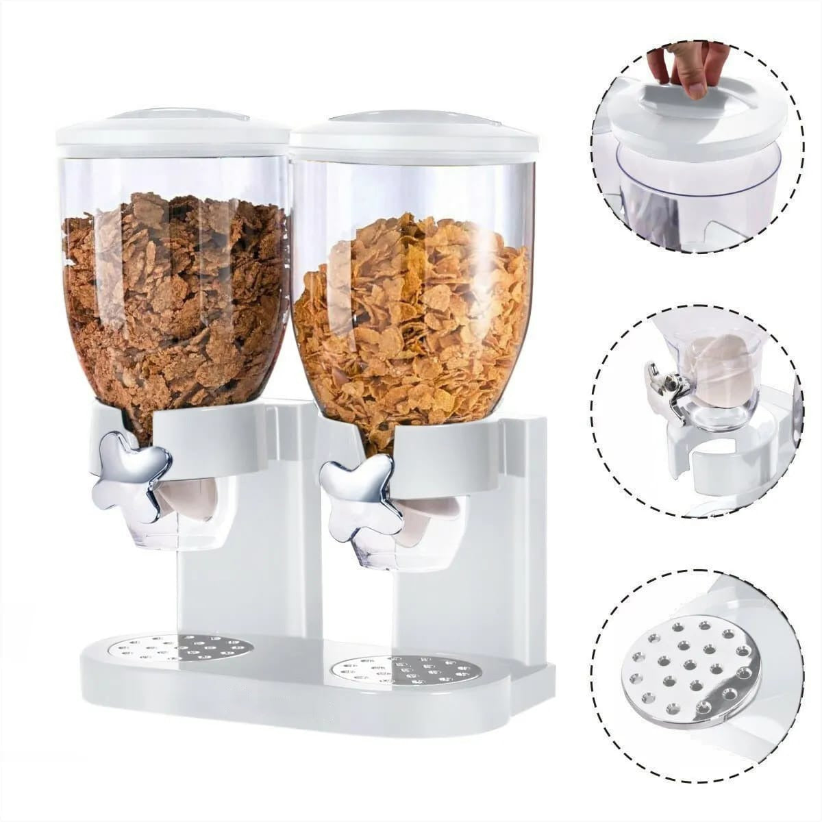 Showcasing White color Snack and Cereal Dispenser filled with corn flakes in its both heads 
