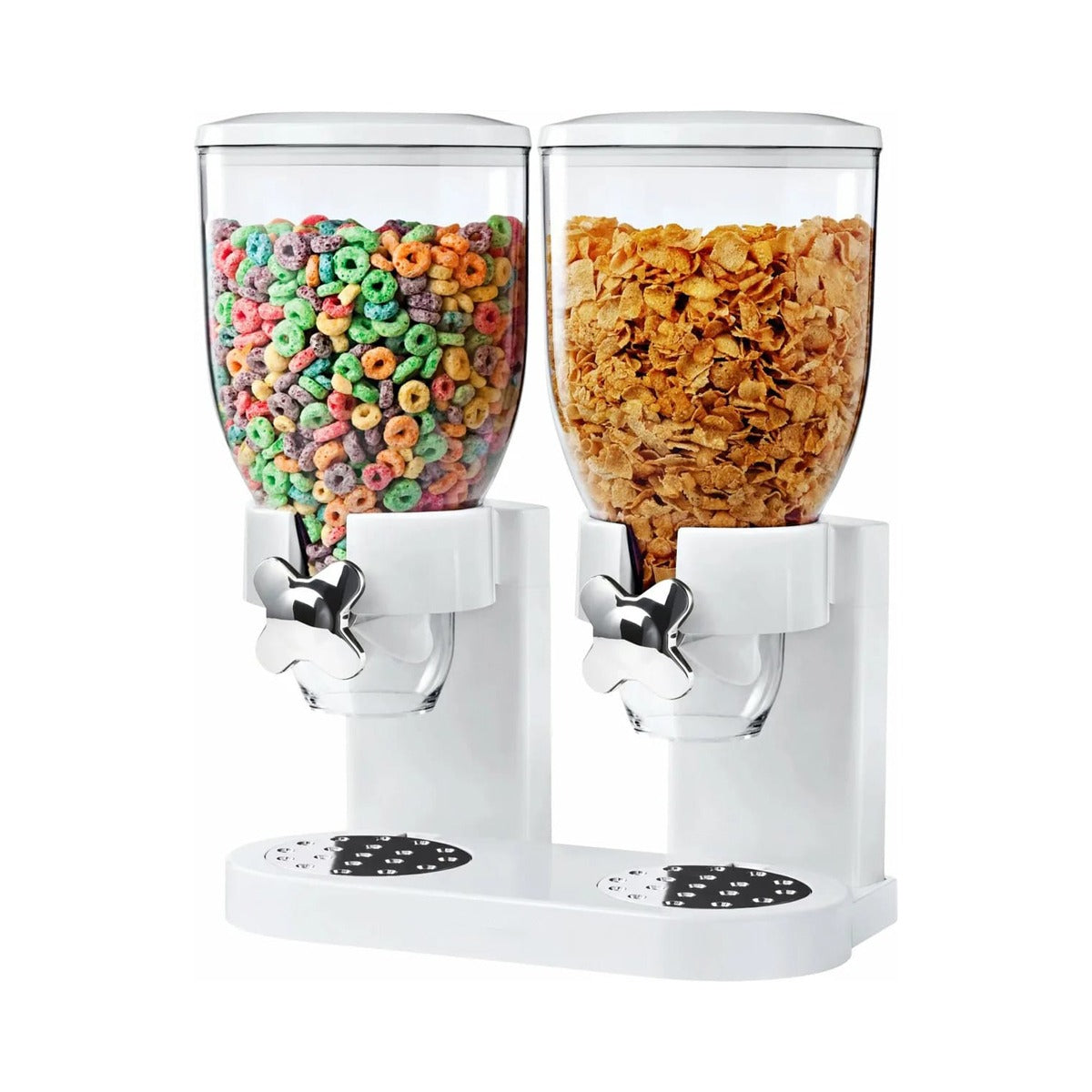 Showcasing White color Snack and Cereal Dispenser with snacks and corn flakes filled in it