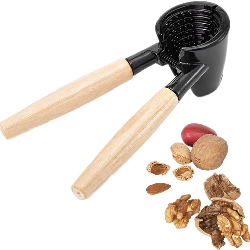 Showcasing Nutcracker Tool placed next to nuts cracked using  Nutcracker Tool 