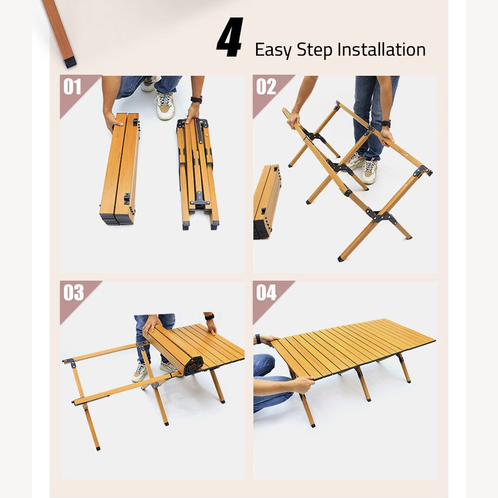 Collage image displaying the easy step installation of Outdoor Portable Camping Table