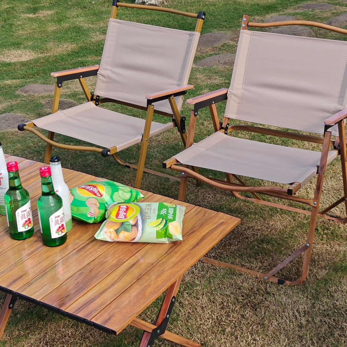 Portable Outdoor Camping Chair arranged and placed in a park to use for camping 