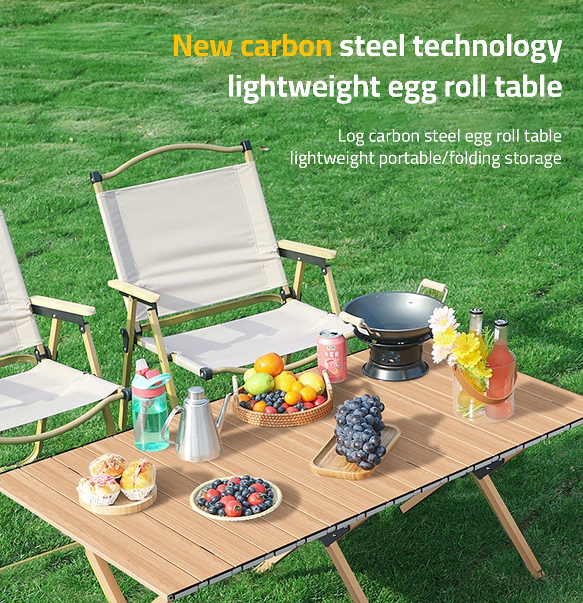 A portable folding chair and table set with food arranged on top