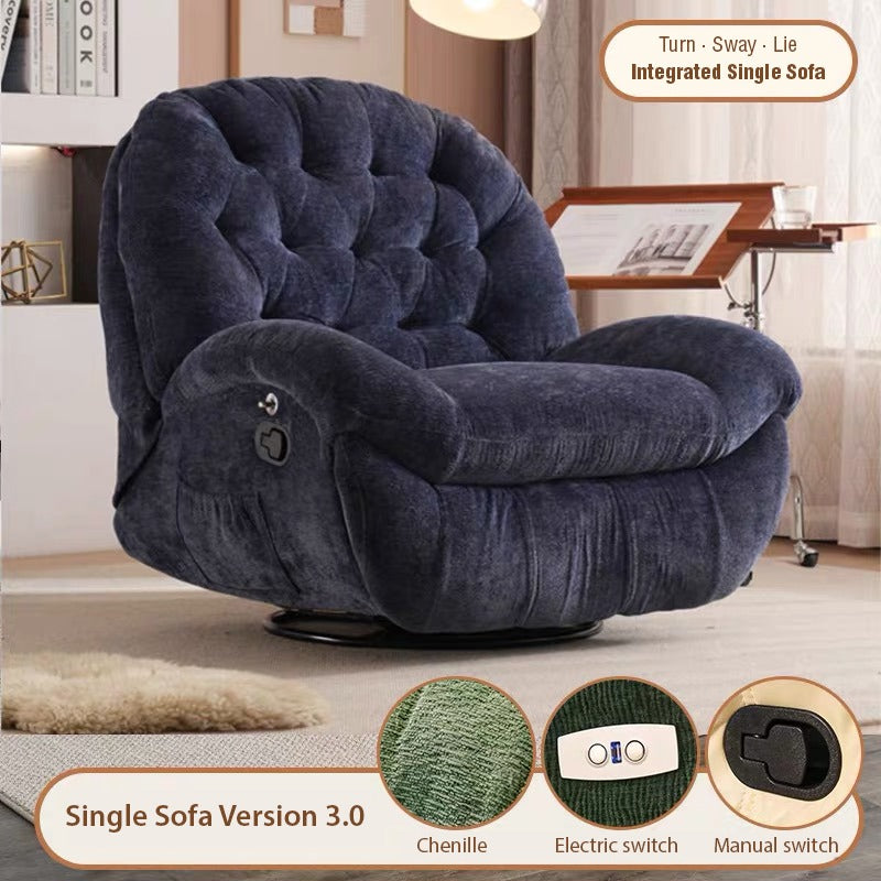 Image showcasing and mentioning the features of Adjustable Single Sofa Recliner in Chenille/ Navy Blue color variant situated in a living room of house