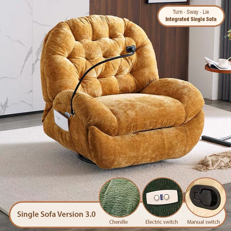 Image showcasing and mentioning the features of Adjustable Single Sofa Recliner with mobile holder in Chenille/ Yellow color variant situated in a living room of house