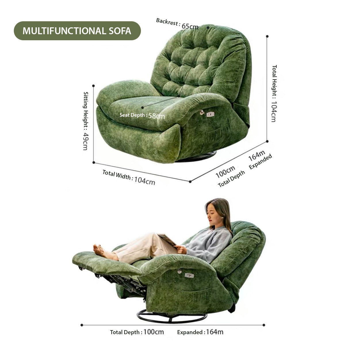 Image showcasing and mentioning the size of Adjustable Single Sofa Recliner in extended and in normal position 