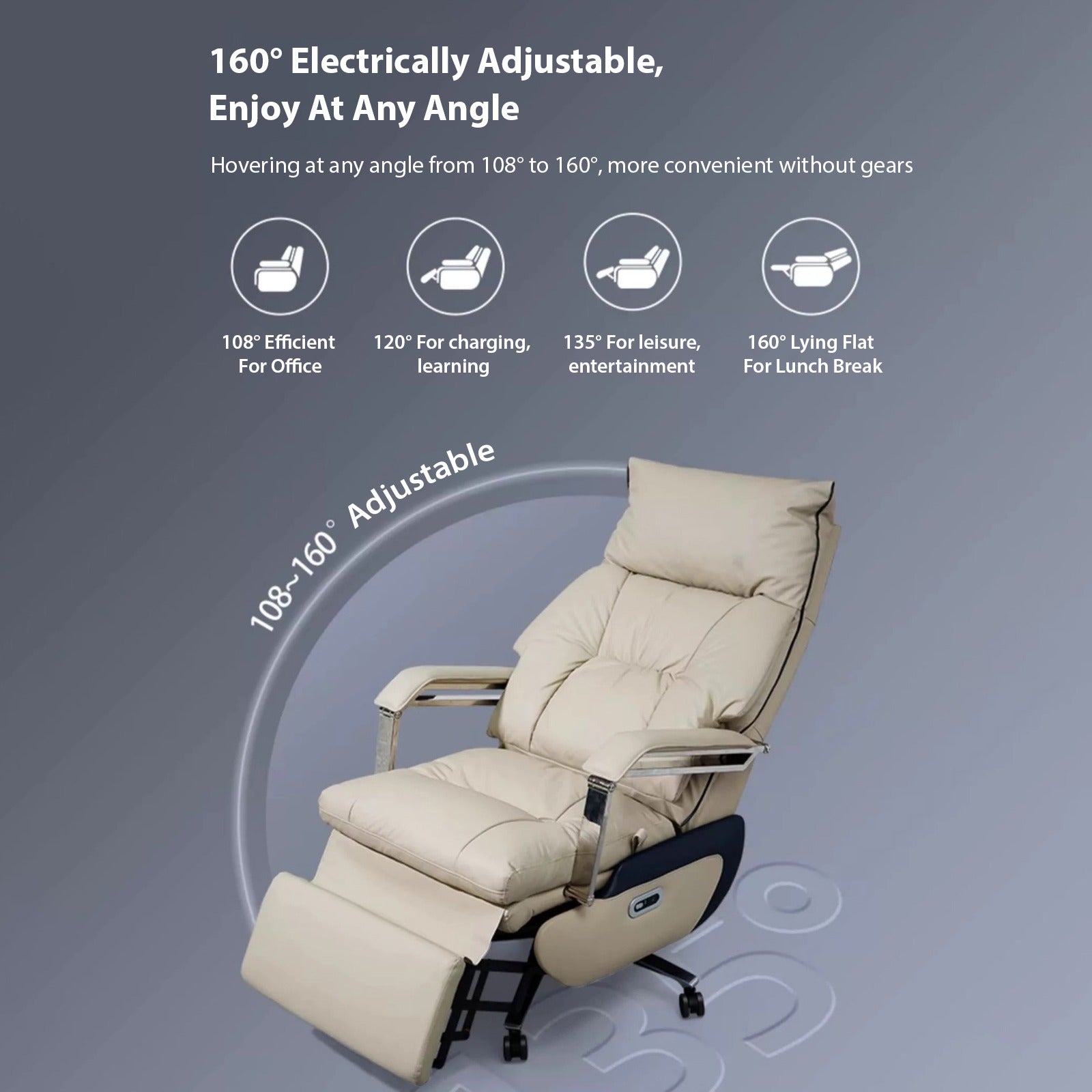 Showcasing Premium Electric Office Chair by mentioning the different adjustable positions of it 