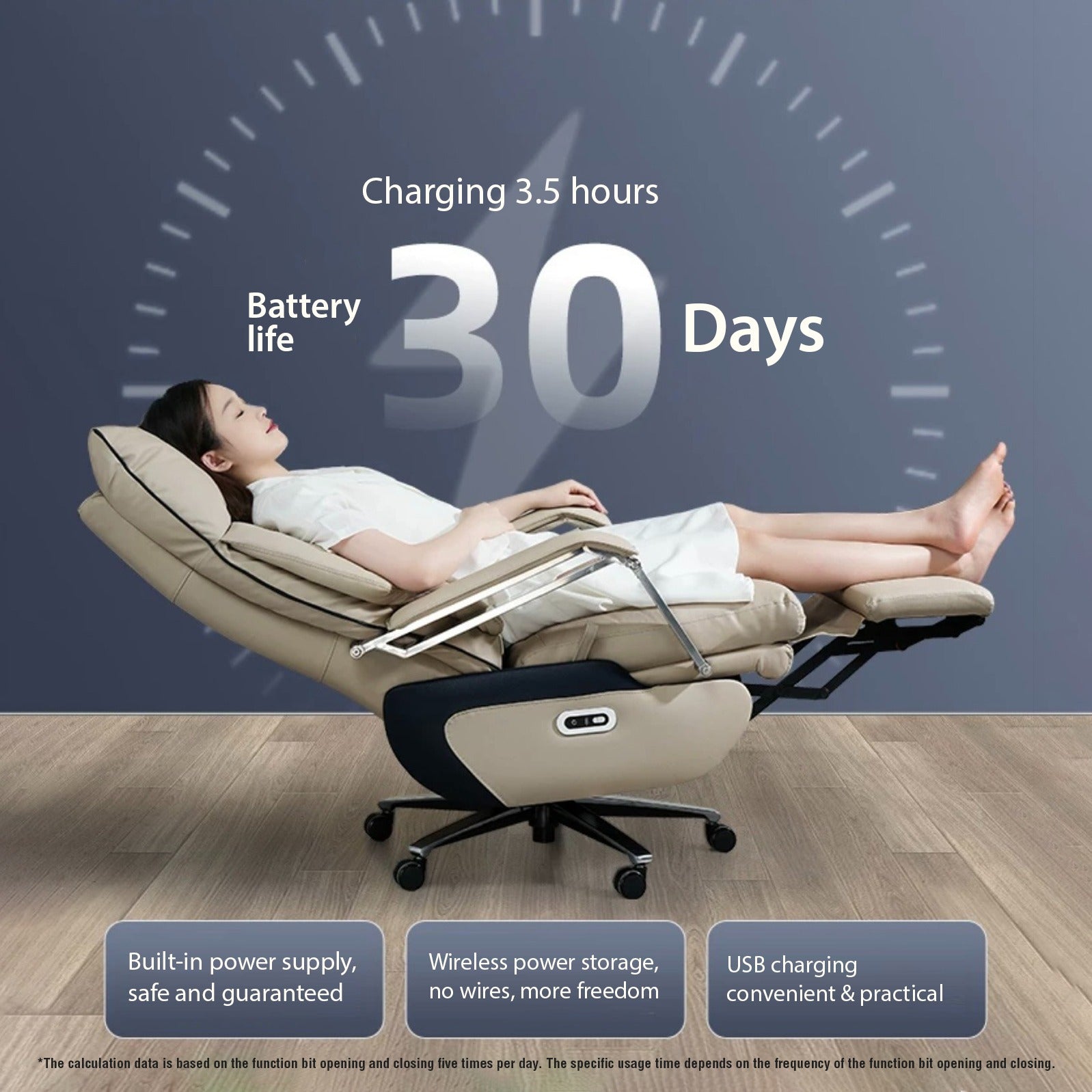 Image displaying a person lying on a Premium Electric Office Chair adjusted to 160 degree angle by mentioning its 30 days battery charge stability 