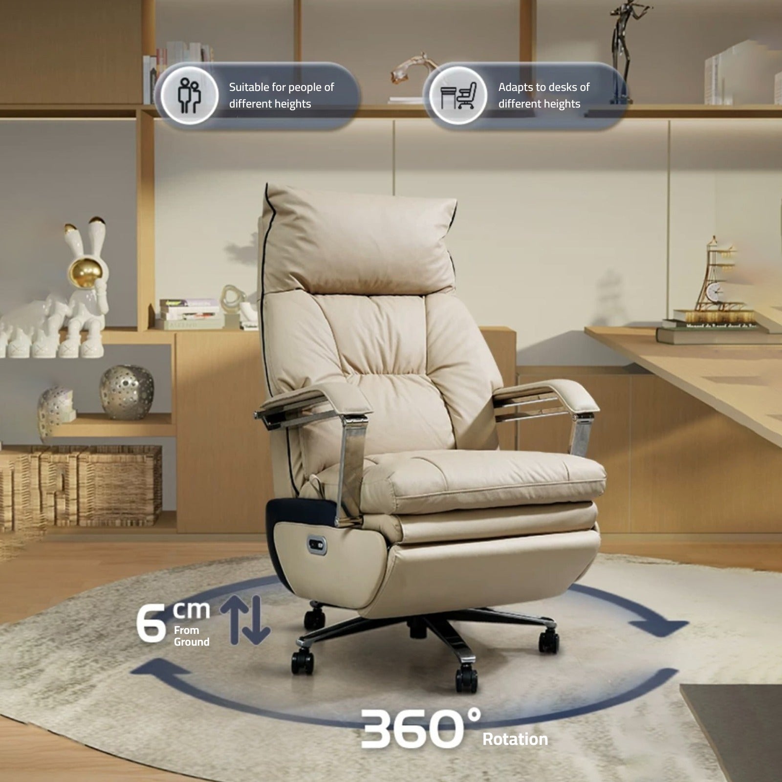 Image displaying an Adjustable Electric Office Chair placed in a room and the image mentions the compatibility of it 