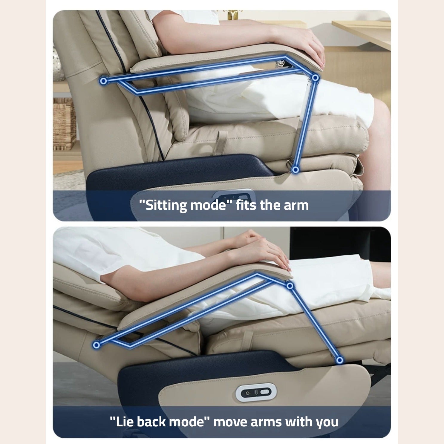 Collage image displaying the sitting mode and lie back mode of Adjustable Electric Office Chair