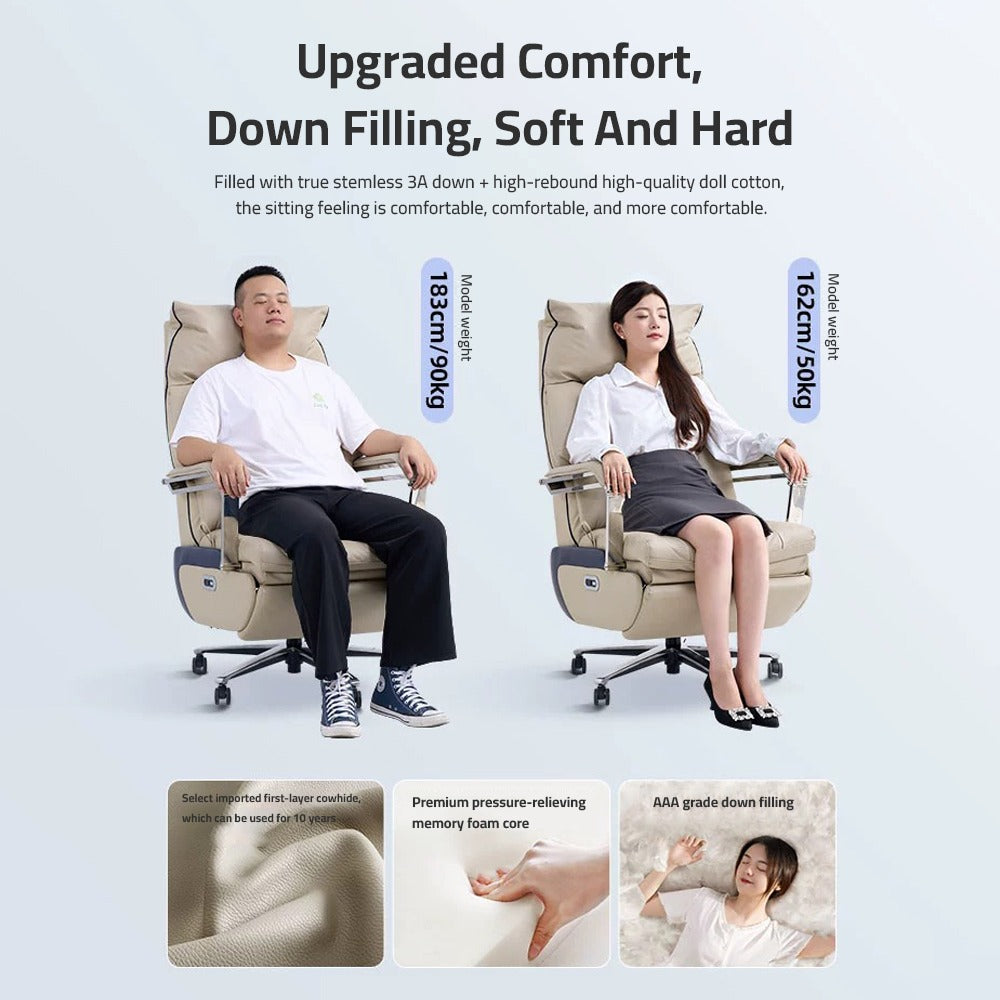 Collage image displaying two persons sitting and relaxing on two Adjustable Electric Office Chair and the image mentioning the features,size and weight capacity of it 