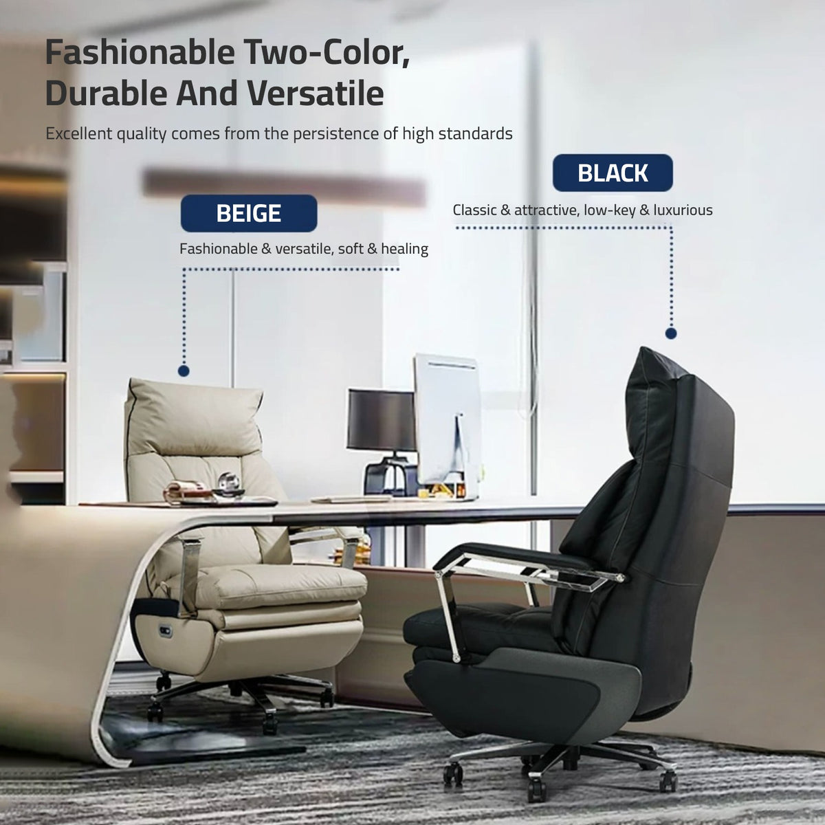 Two Premium Electric Office Chairs in different color placed on the two opposite sides of an office desk 