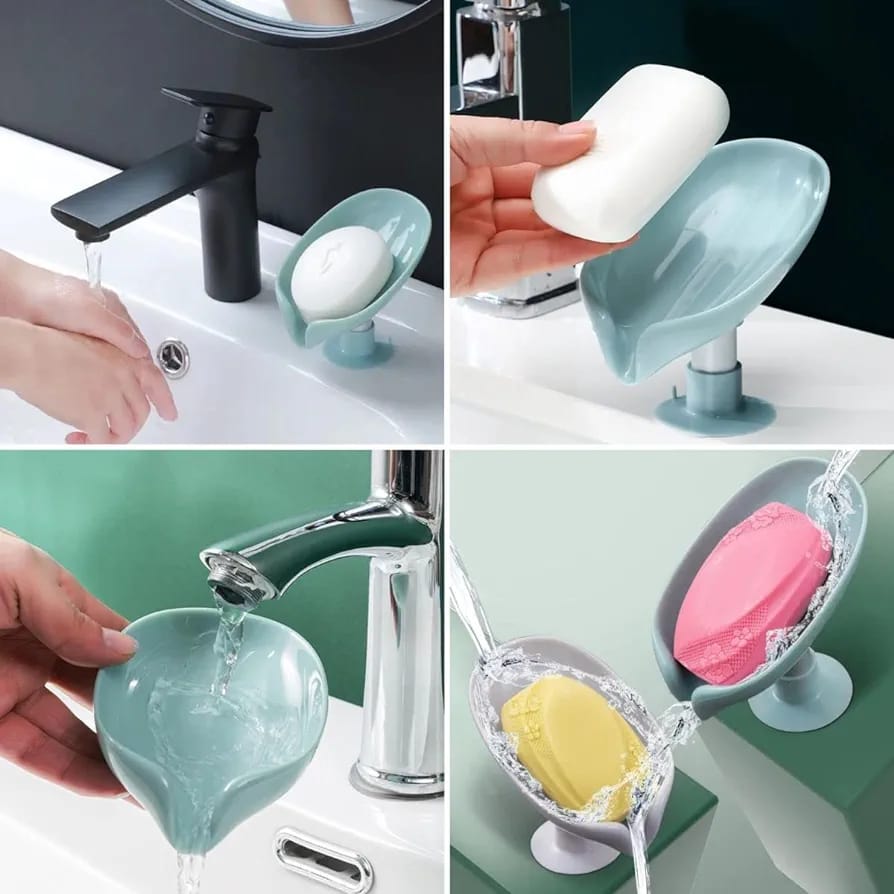 Collage image displaying a person utilizing the help of Leaf Shaped Soap Holder
