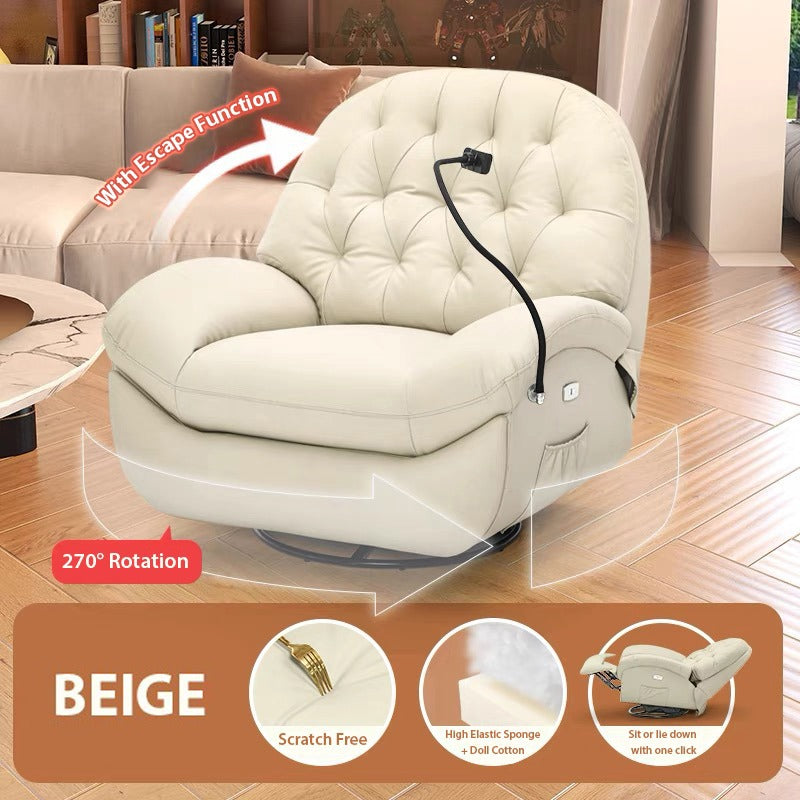 Image showcasing and mentioning the features of Adjustable Single Sofa Recliner with mobile holder in Leather/ Beige color variant situated in a living room of house