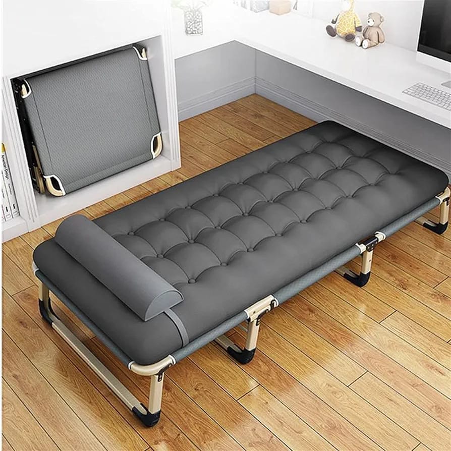 Foldable Camping Beds, one folded and the other one unfolded placed in a room 