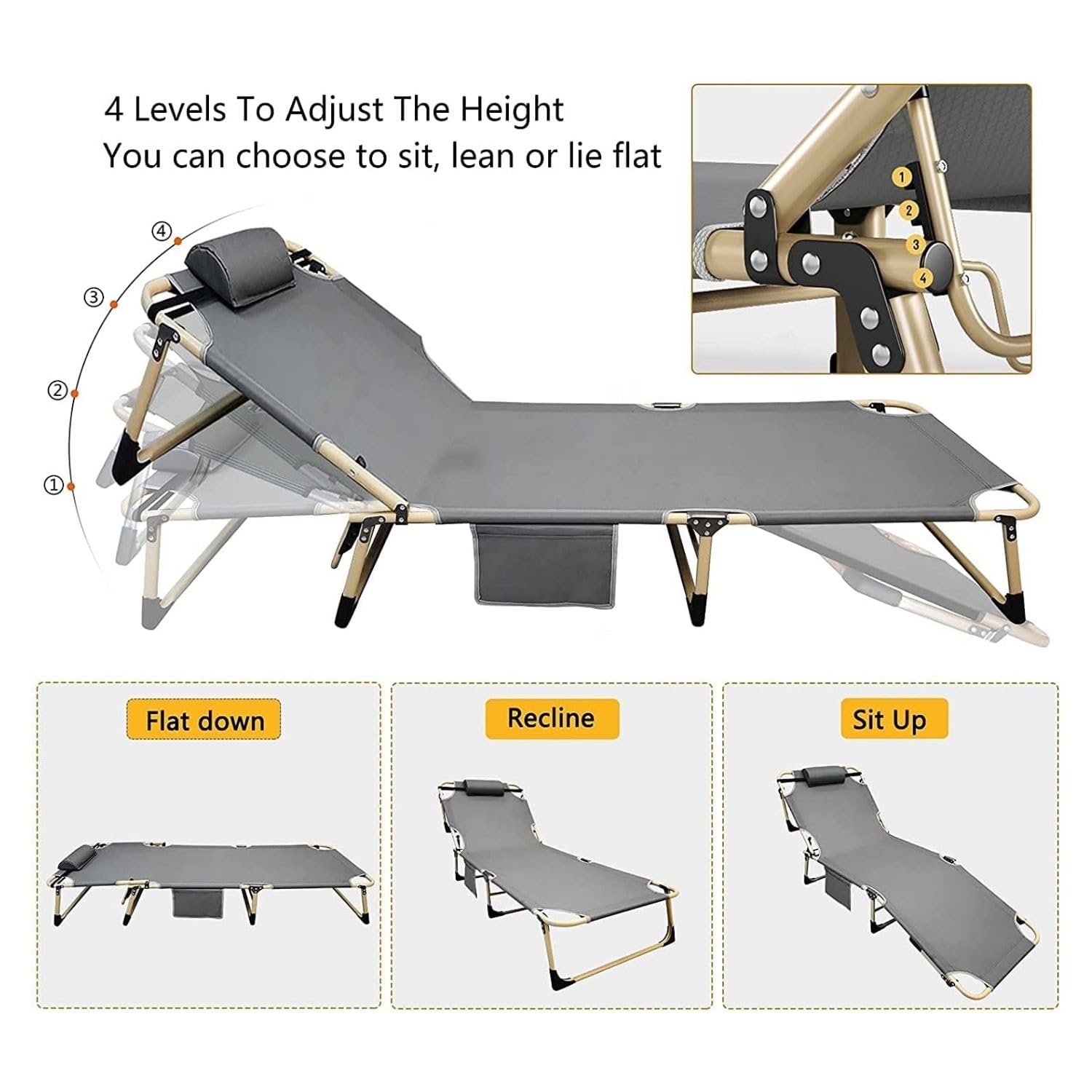 Collage image displaying the 4 levels to adjust the height of Sun Lounger Recliner Bed