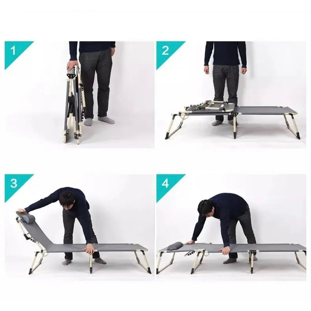 Collage image displaying a person unfolding Sun Lounger Recliner Bed in step by step 