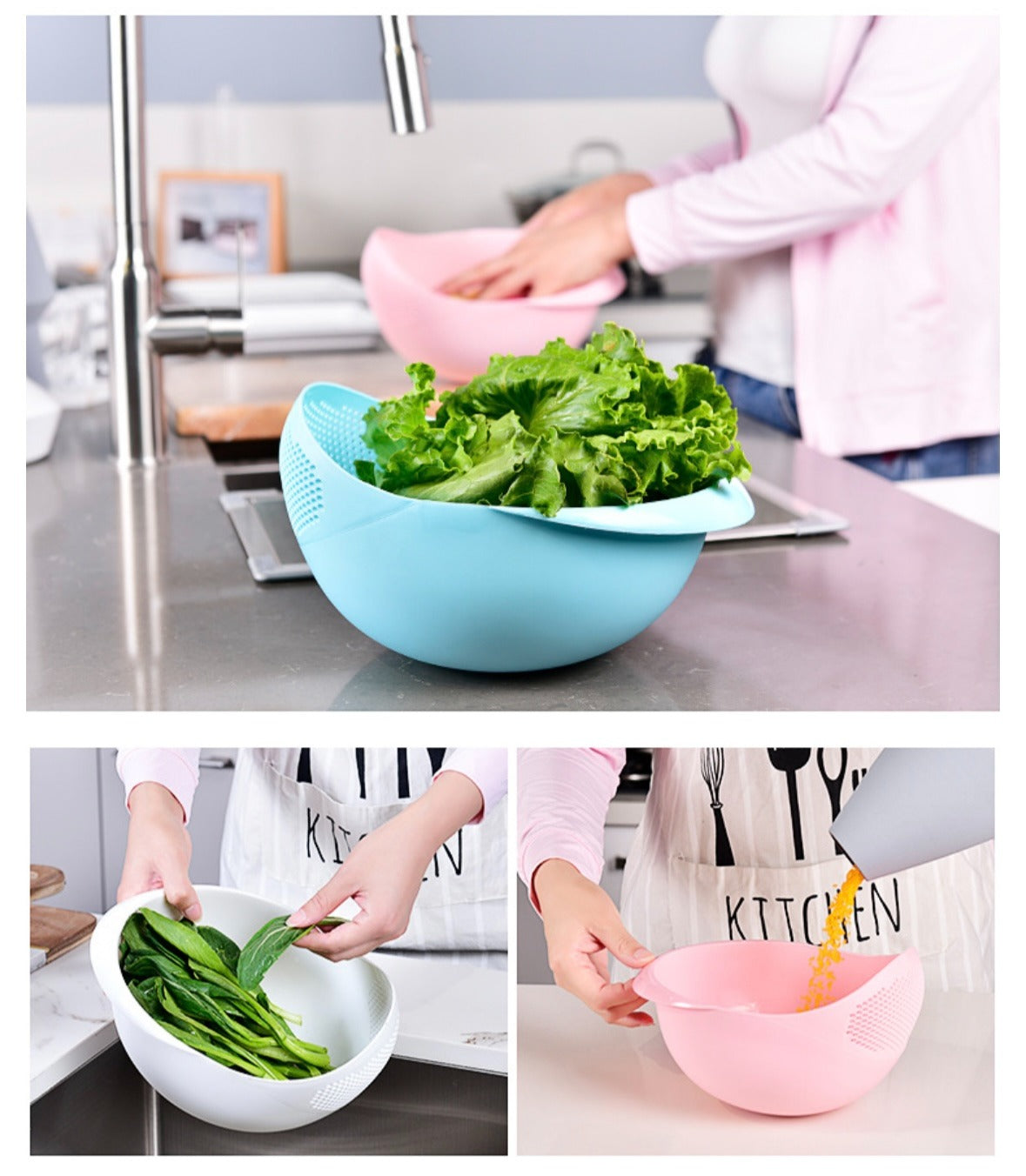Collage image displaying,a woman washing vegetables and grains with the help of Plastic Rice Washing Strainer Basket