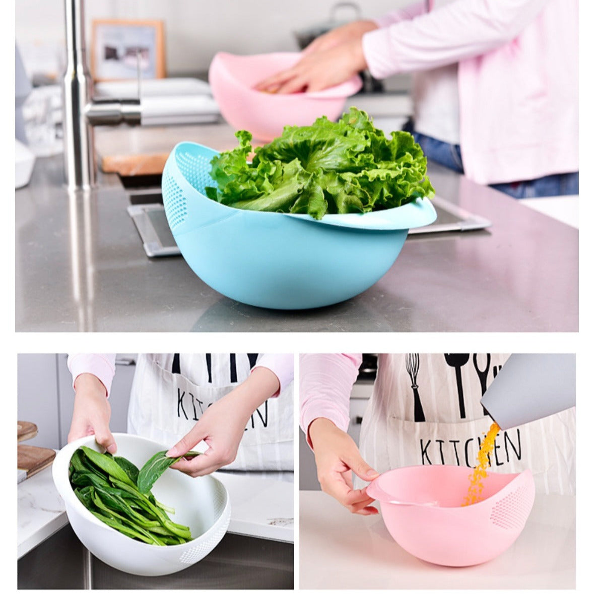 Collage image displaying,a woman washing vegetables and grains with the help of Plastic Rice Washing Strainer Basket