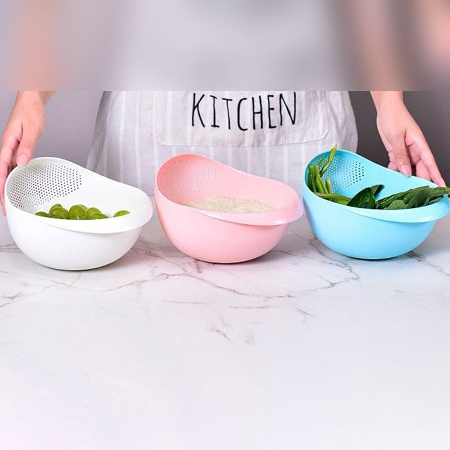 Three Plastic Rice Washing Strainer Baskets placed in front of a person 