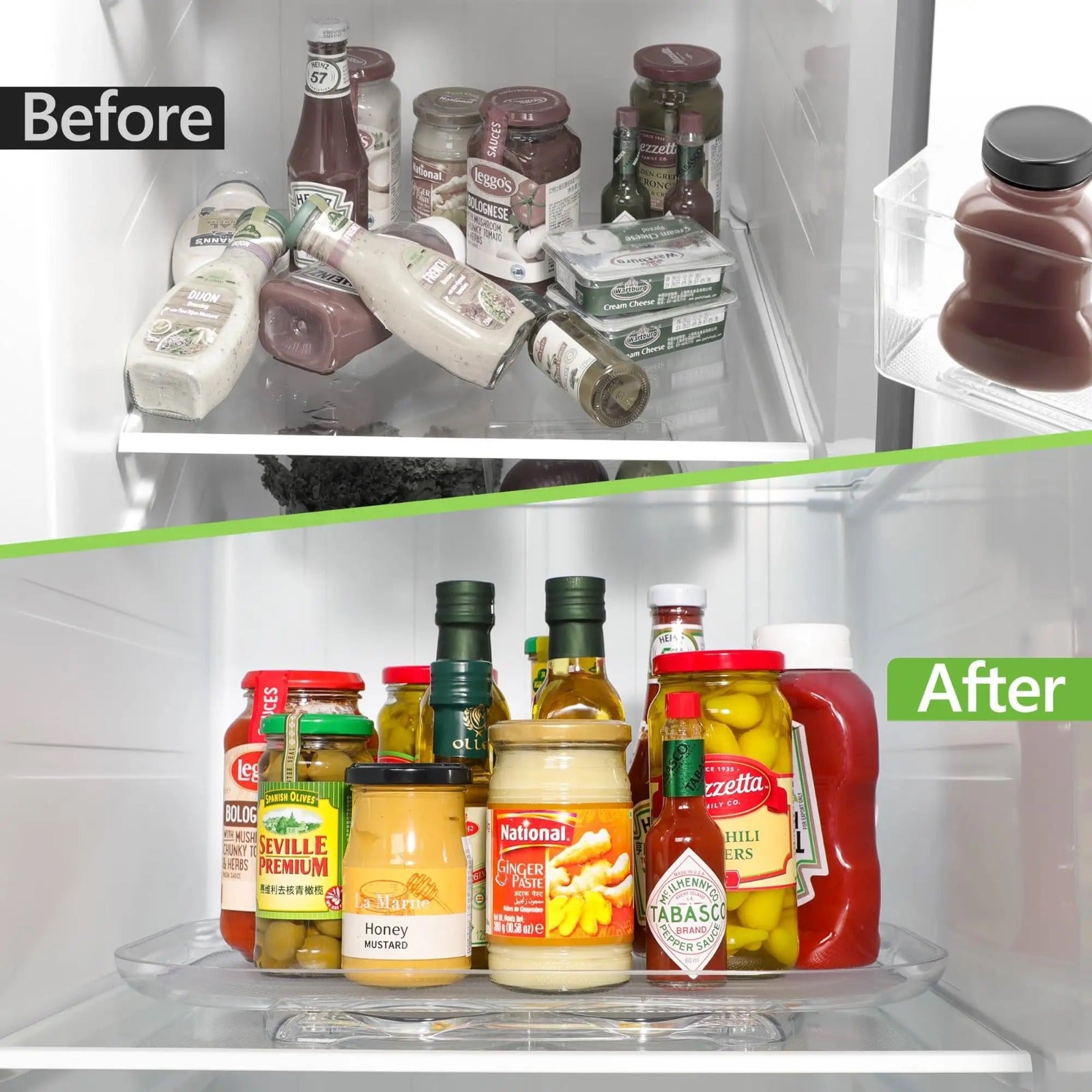 Collage image displaying the scene of before and after the use of 360° Rotating Fridge Tray 