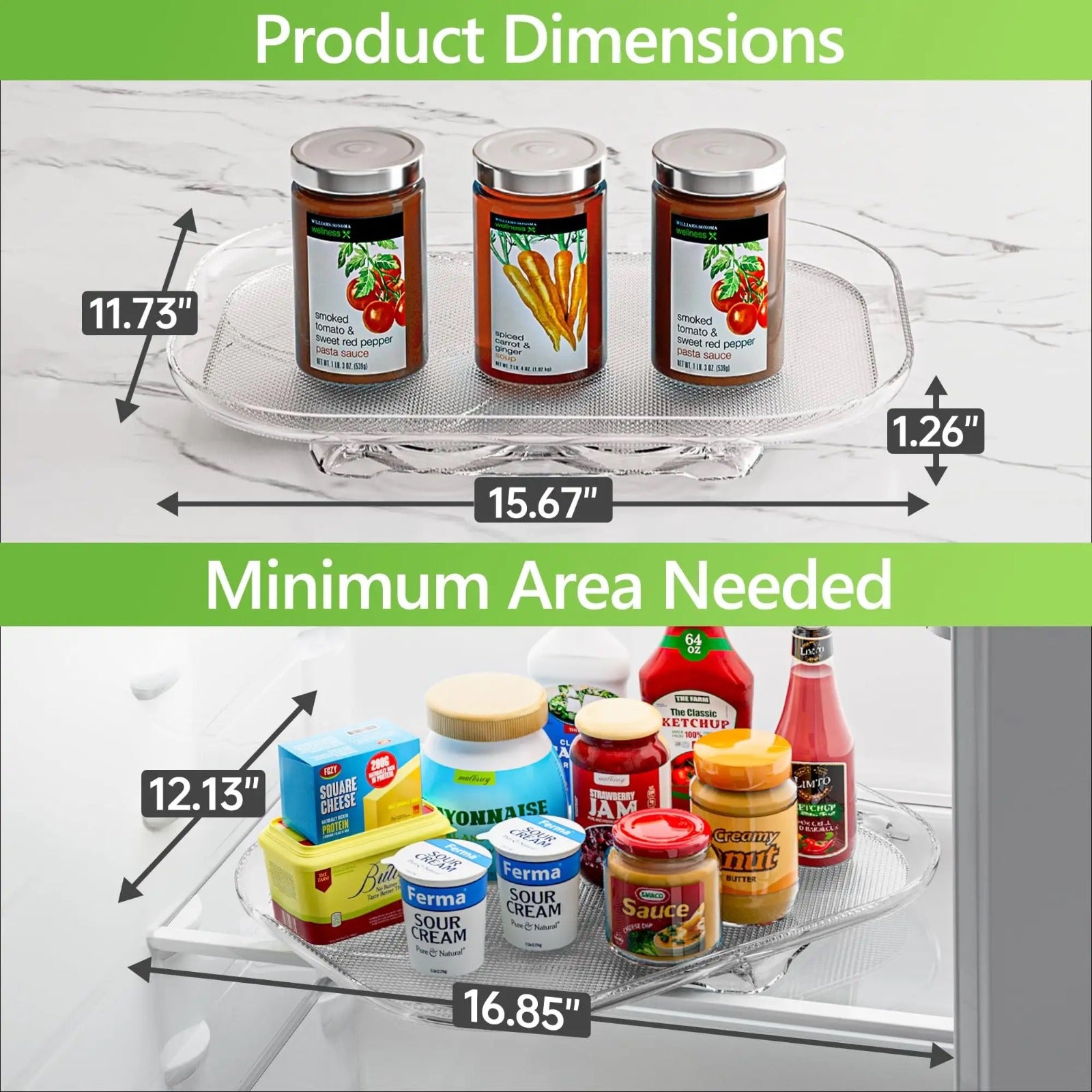 Collage image displays the dimension of 360° Rotating Fridge Tray along with the dimension of minimum area needed for it