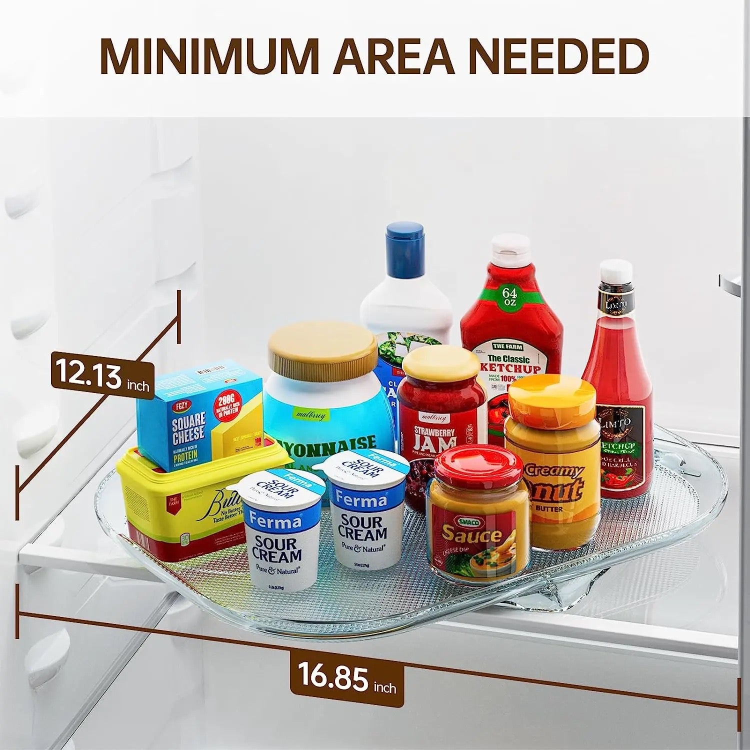 Image displaying the dimension of minimum area needed for 360° Rotating Fridge Tray 