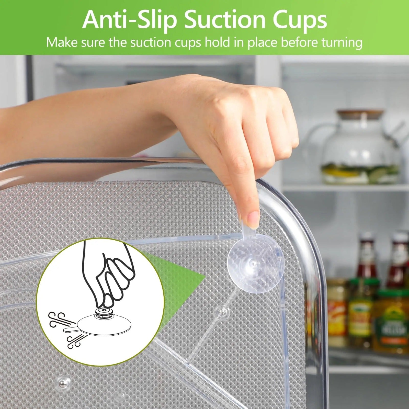 A person pointing the Anti-Slip Suction Cups in 360° Rotating Fridge Tray 