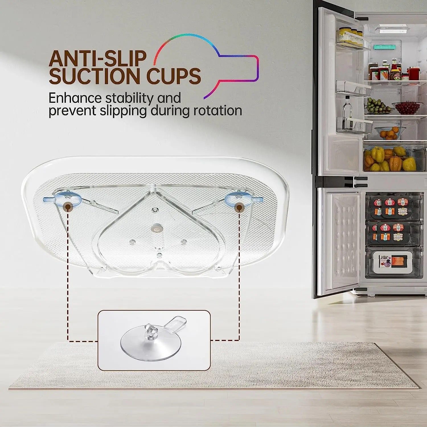 Image pointing out the Anti-Slip Suction Cups of in 360° Rotating Fridge Tray 
