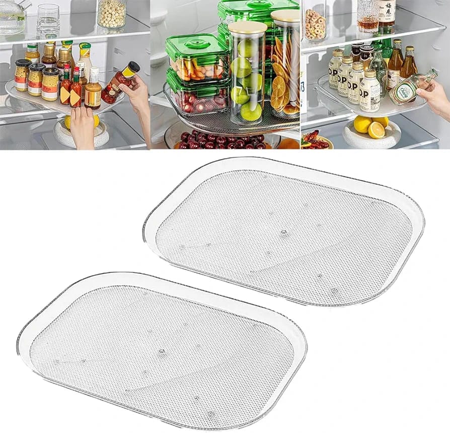 Collage image showcasing 360° Rotating Fridge Tray  and displaying it being used in a refrigerator 