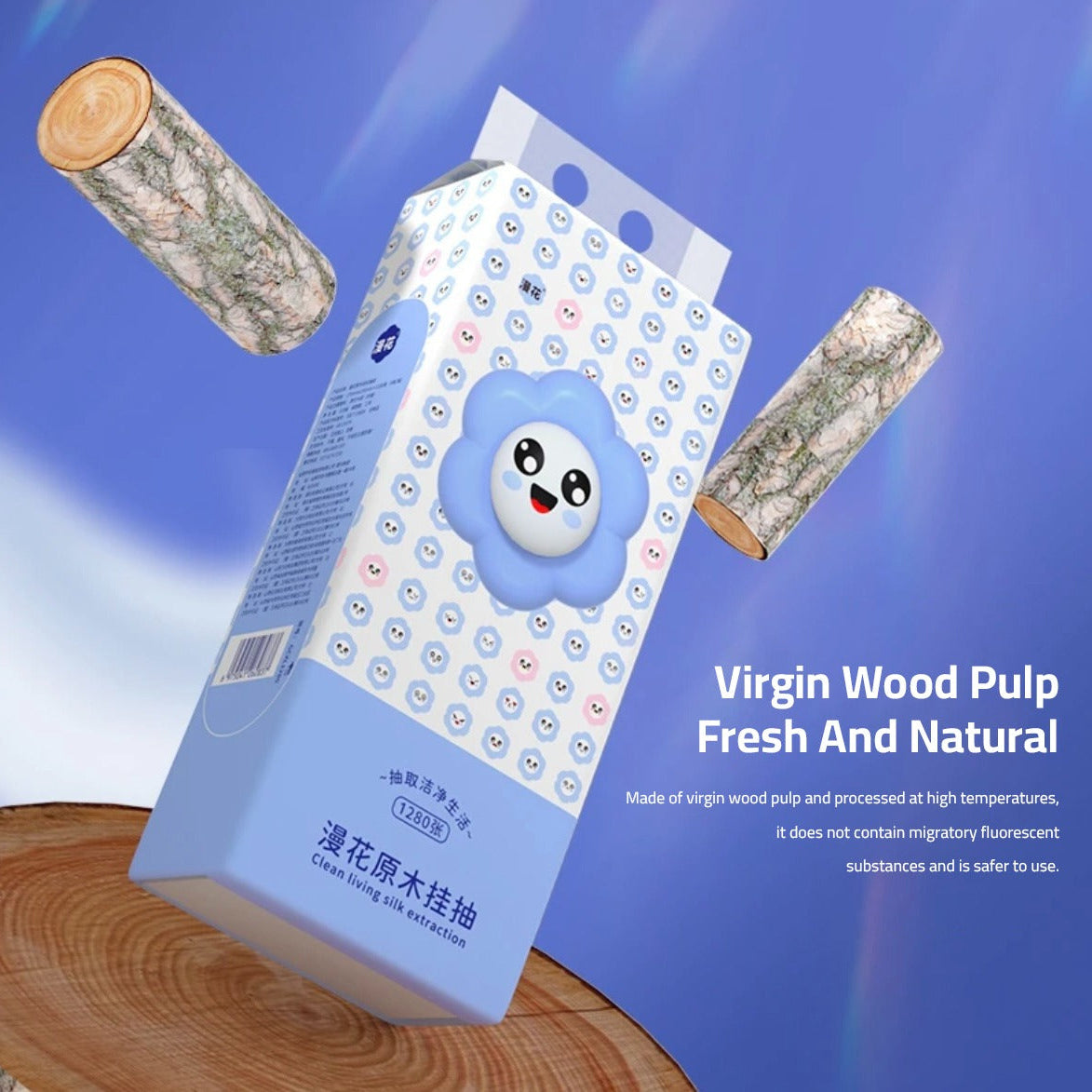 Showcasing Wood Pulp Tissue Paper by displaying the piece of wood used to make it 