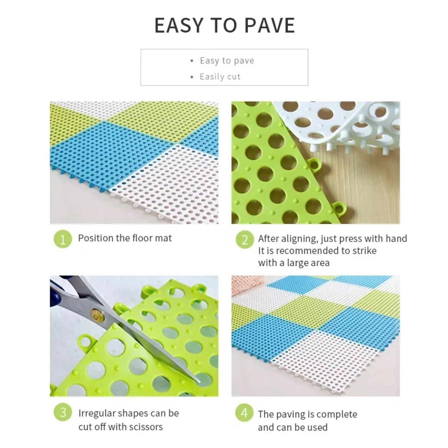 Collage image displays the instructions to Pave and Cut Interlocking Non-Slip Bathroom Mat