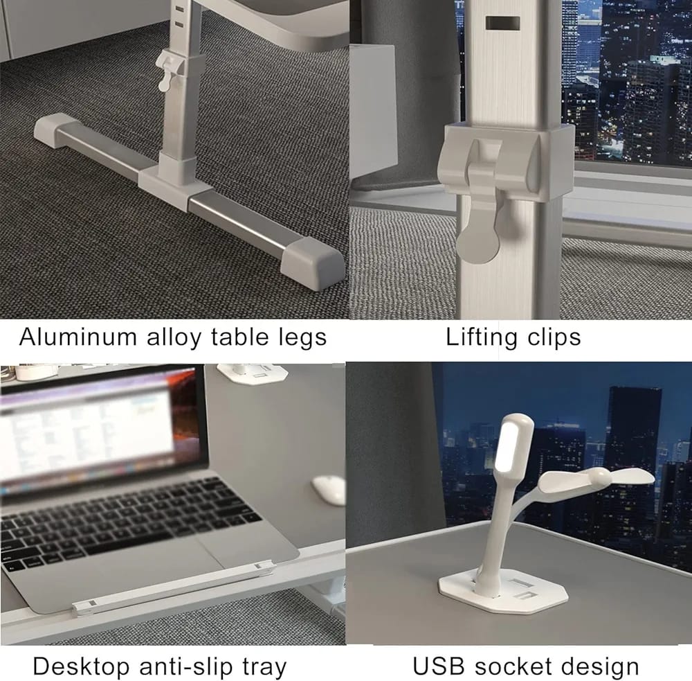 Adjustable Bed Laptop Table - Foldable Lifting Desk with aluminum table legs, lifting clips, desktop anti-slip tray, and USB socket design for a versatile and functional workspace