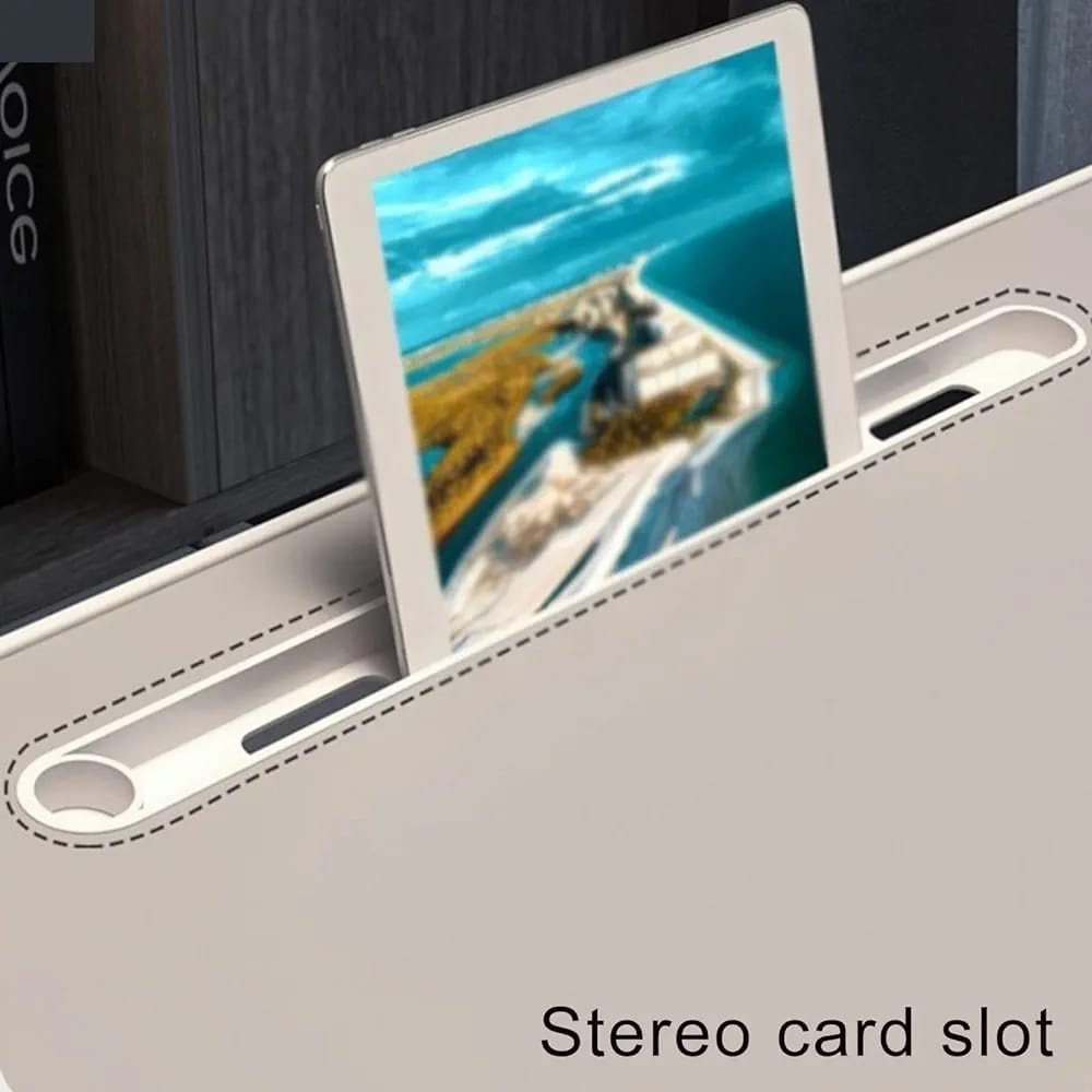 An Adjustable Bed Laptop Table supporting a tablet with a card slot on top, ideal for various tasks