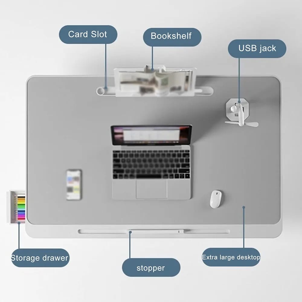 The Adjustable Bed Laptop Table features a lap on the top, along with a USB jack, phone holder, and card slots for added convenience