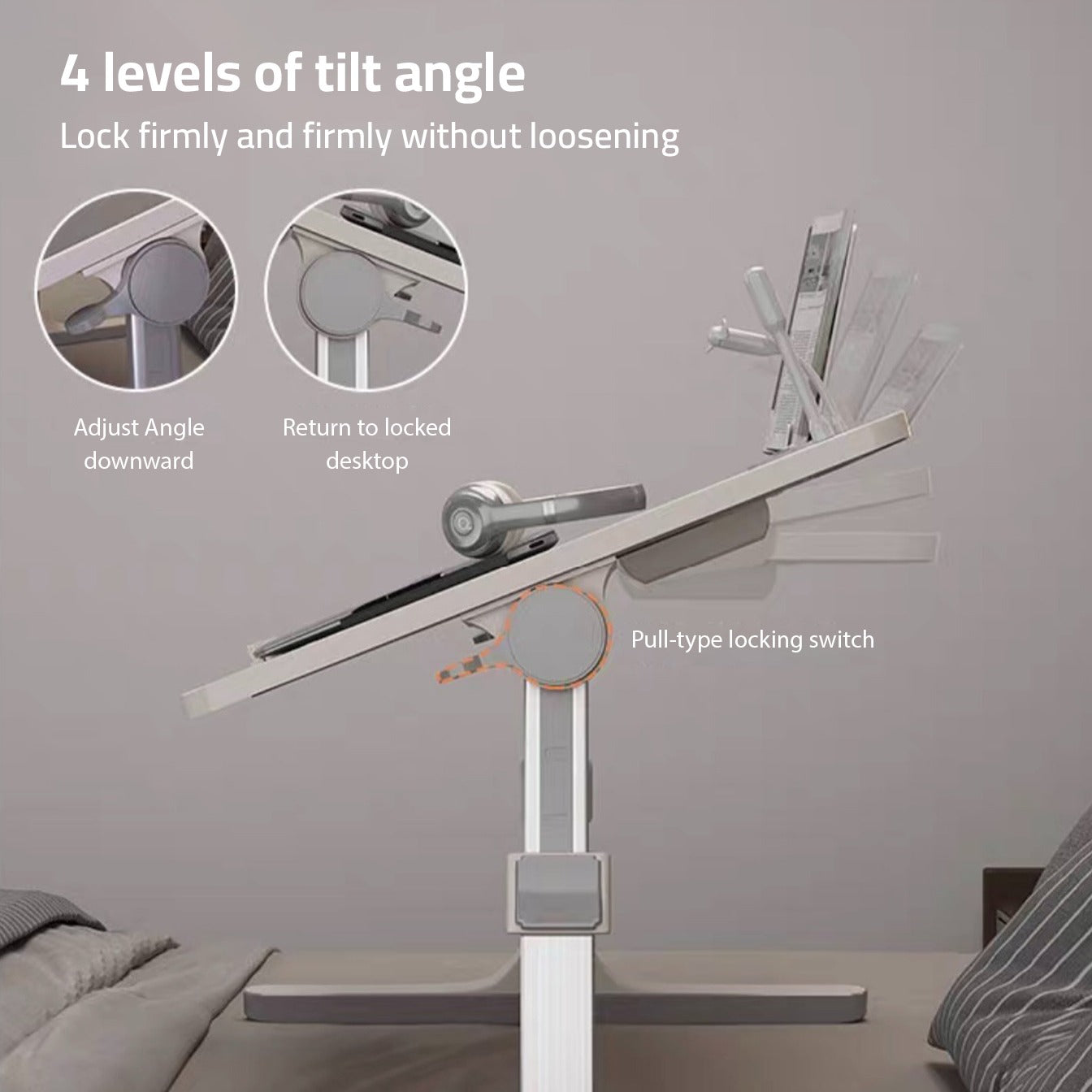 A laptop stand with 4 levels of tilt angle. Adjustable Bed Laptop Table - Foldable Lifting Desk for various tasks
