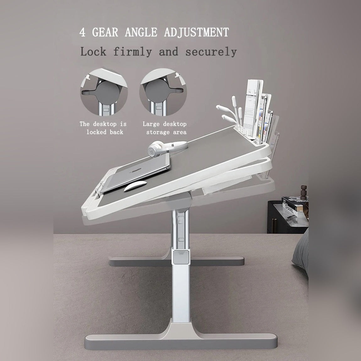 The 4-gear Adjustable Bed Laptop Table can be easily adjusted and provides ample storage space on the desktop