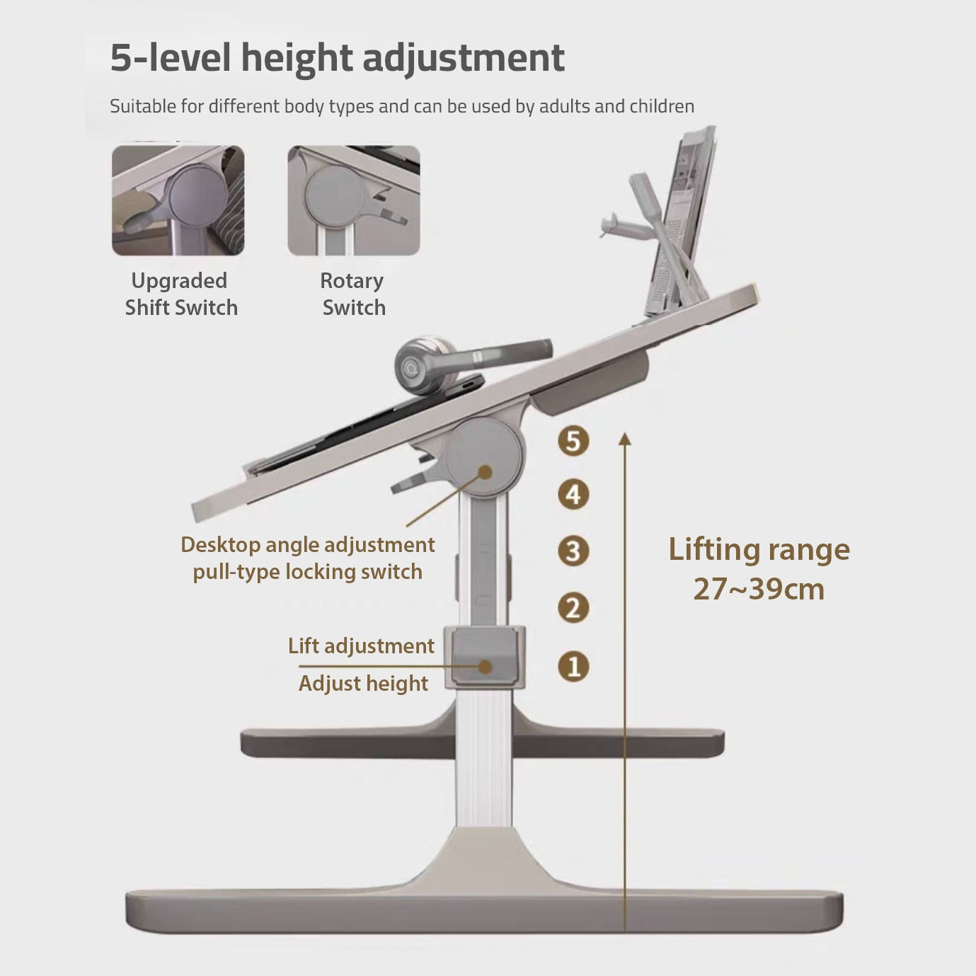 A drawing showing how to change the height of a flexible Adjustable Bed Laptop Table