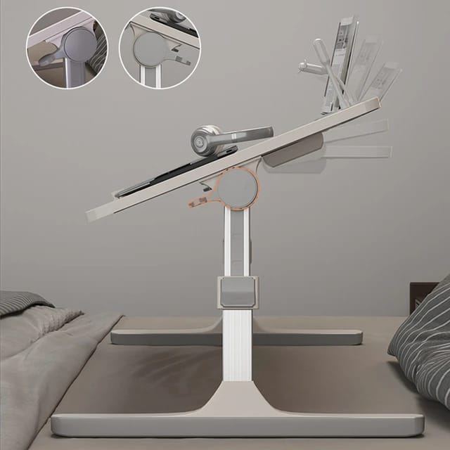 An adjustable bed laptop table with a laptop placed on it, providing a convenient workspace for computer-related tasks and study