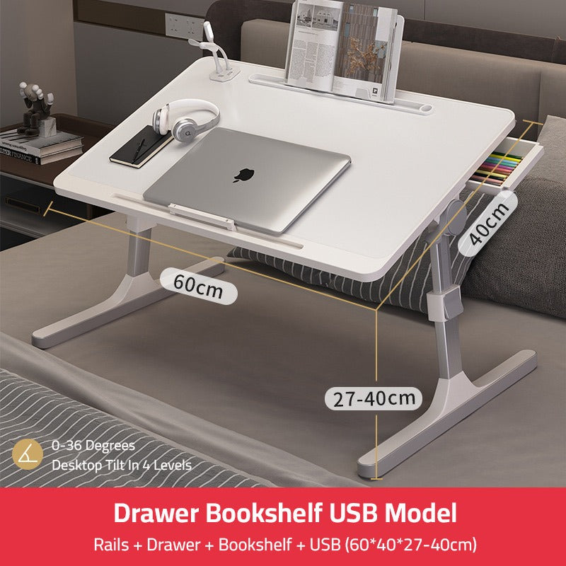 Laptop, headset, and book neatly arranged on the Adjustable Bed Laptop white Table – a Foldable Lifting Desk for a versatile and comfortable workspace