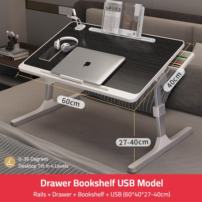 Laptop, headset, and book neatly arranged on the Adjustable Bed Laptop medium brown Table – a Foldable Lifting Desk for a versatile and comfortable workspace