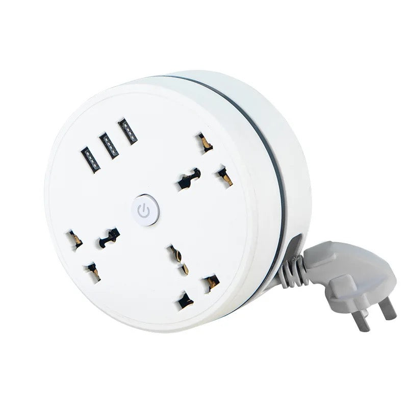 showcasing Round Universal Converter Power Strip Adapter - Extension Socket 3 Outlets with 3 USB Ports
