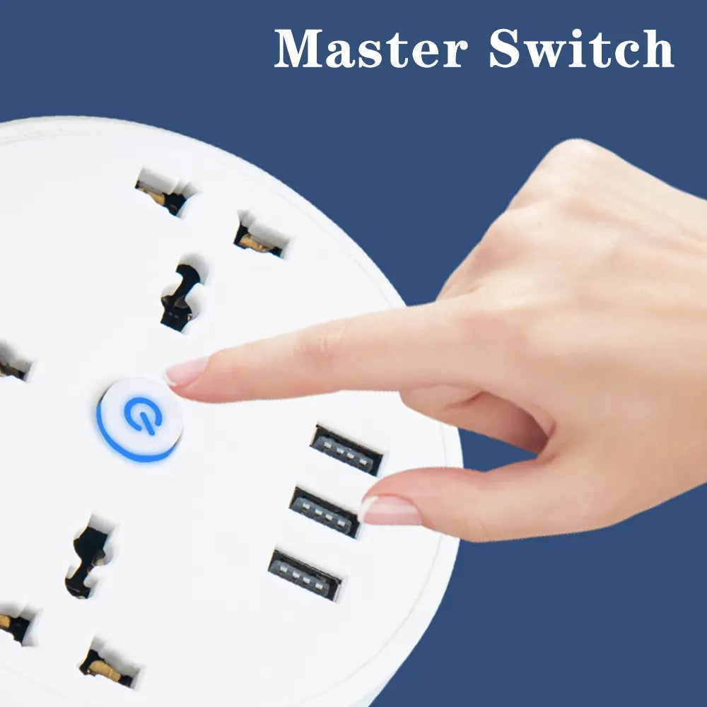 A Round Universal Converter Power Strip Adapter with a person holding a switch that has a button on it